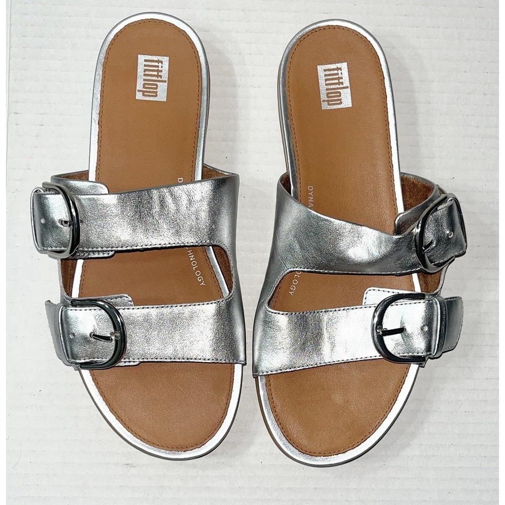 NWT FitFlop Gracie Leather Slide Sandal SZ 7 Silver Adjustable Comfort Vacation